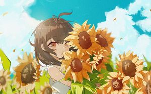 Preview wallpaper girl, sunflowers, anime