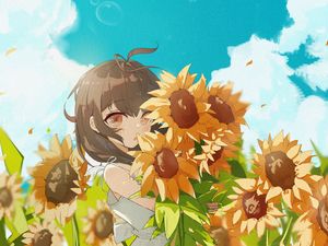 Preview wallpaper girl, sunflowers, anime