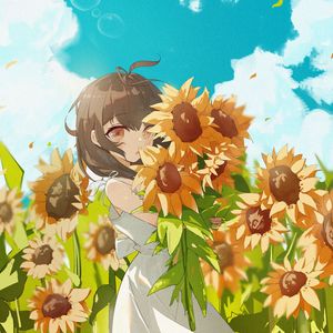 Preview wallpaper girl, sunflowers, anime