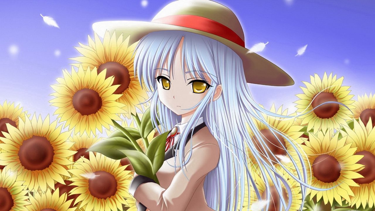Wallpaper girl, sunflowers, anime, walking, angel