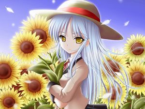 Preview wallpaper girl, sunflowers, anime, walking, angel