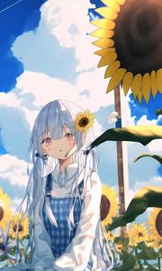 Preview wallpaper girl, sunflowers, anime, sky