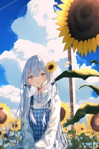 Preview wallpaper girl, sunflowers, anime, sky