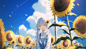 Preview wallpaper girl, sunflowers, anime, sky