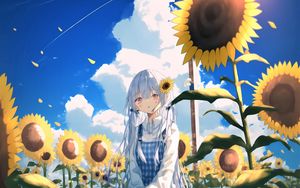 Preview wallpaper girl, sunflowers, anime, sky