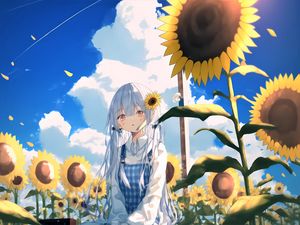 Preview wallpaper girl, sunflowers, anime, sky
