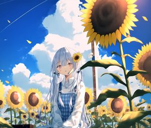 Preview wallpaper girl, sunflowers, anime, sky