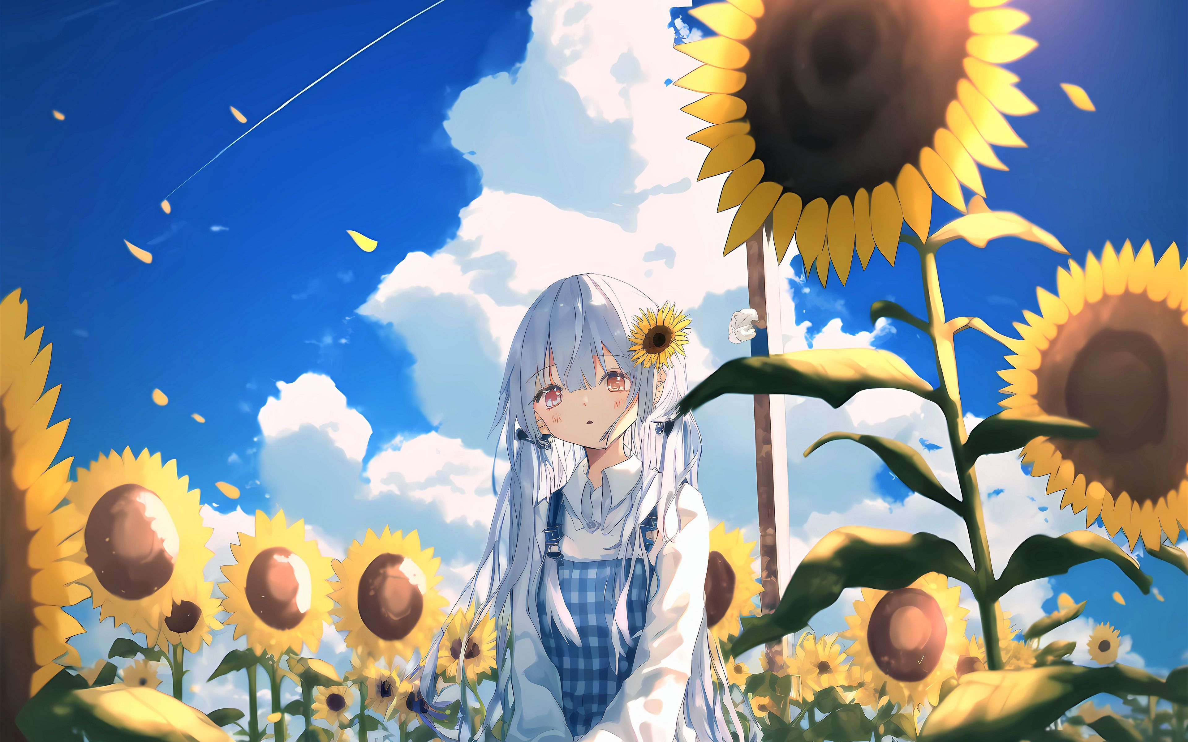 Download wallpaper 3840x2400 girl, sunflowers, anime, sky 4k ultra hd ...