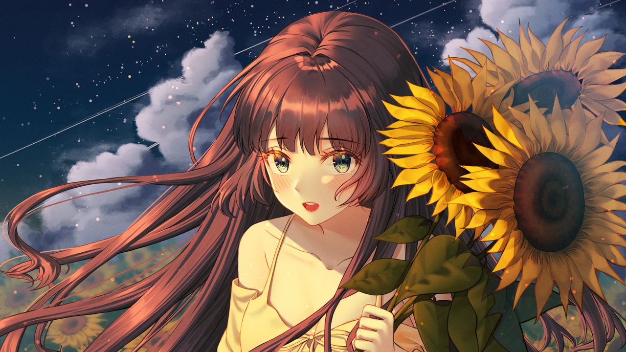 Wallpaper girl, sunflowers, field, anime, art