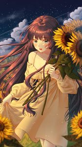 Preview wallpaper girl, sunflowers, field, anime, art