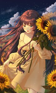 Preview wallpaper girl, sunflowers, field, anime, art