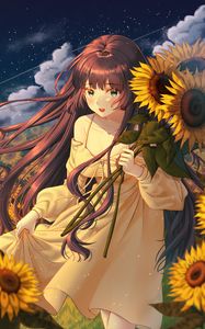 Preview wallpaper girl, sunflowers, field, anime, art