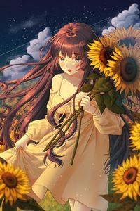 Preview wallpaper girl, sunflowers, field, anime, art