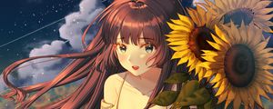 Preview wallpaper girl, sunflowers, field, anime, art