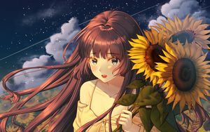 Preview wallpaper girl, sunflowers, field, anime, art