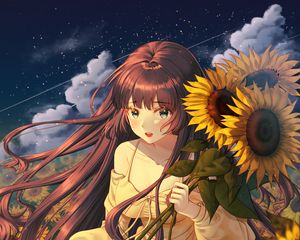 Preview wallpaper girl, sunflowers, field, anime, art