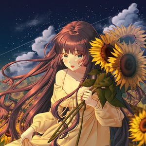 Preview wallpaper girl, sunflowers, field, anime, art