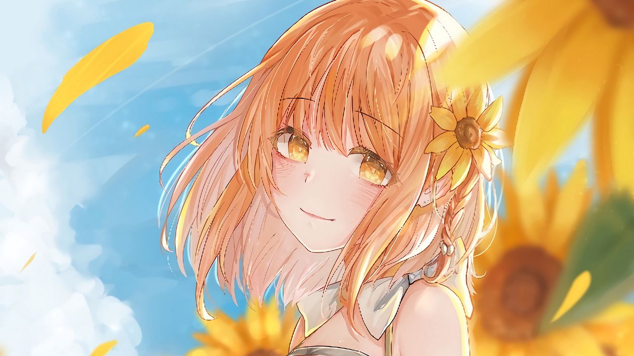 Wallpaper girl, sunflowers, flowers, field, anime