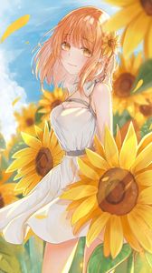 Preview wallpaper girl, sunflowers, flowers, field, anime