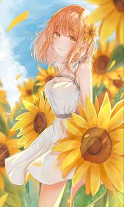 Preview wallpaper girl, sunflowers, flowers, field, anime