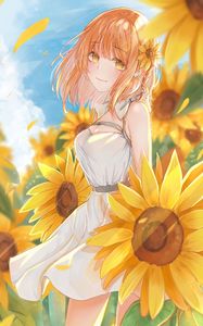 Preview wallpaper girl, sunflowers, flowers, field, anime