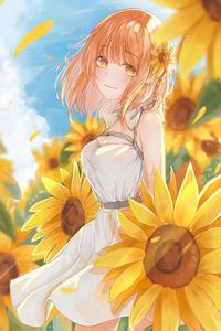 Preview wallpaper girl, sunflowers, flowers, field, anime