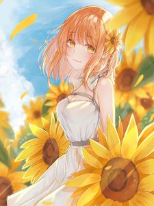 Preview wallpaper girl, sunflowers, flowers, field, anime