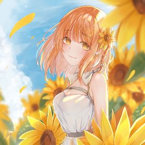 Preview wallpaper girl, sunflowers, flowers, field, anime