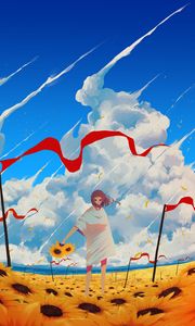 Preview wallpaper girl, sunflowers, flowers, anime, art, cartoon