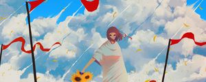 Preview wallpaper girl, sunflowers, flowers, anime, art, cartoon