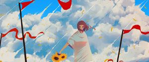 Preview wallpaper girl, sunflowers, flowers, anime, art, cartoon