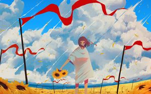 Preview wallpaper girl, sunflowers, flowers, anime, art, cartoon