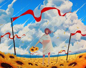 Preview wallpaper girl, sunflowers, flowers, anime, art, cartoon