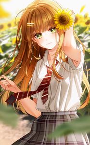 Preview wallpaper girl, sunflowers, flowers, anime