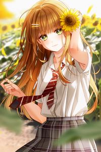 Preview wallpaper girl, sunflowers, flowers, anime