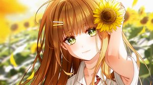 Preview wallpaper girl, sunflowers, flowers, anime