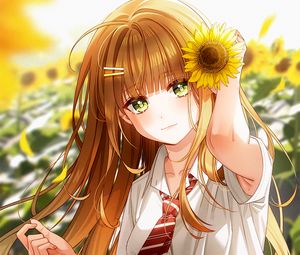 Preview wallpaper girl, sunflowers, flowers, anime