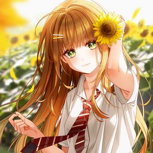 Preview wallpaper girl, sunflowers, flowers, anime