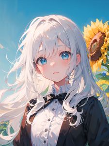 Preview wallpaper girl, sunflowers, flowers, summer, anime