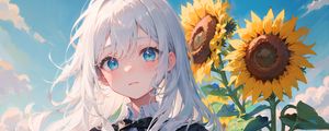 Preview wallpaper girl, sunflowers, flowers, summer, anime