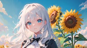Preview wallpaper girl, sunflowers, flowers, summer, anime