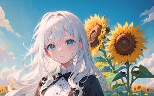 Preview wallpaper girl, sunflowers, flowers, summer, anime