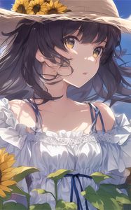 Preview wallpaper girl, sunflowers, hat, anime