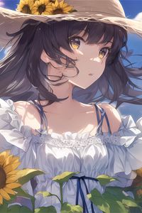 Preview wallpaper girl, sunflowers, hat, anime