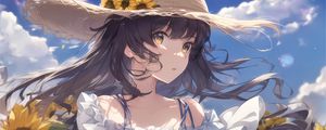 Preview wallpaper girl, sunflowers, hat, anime