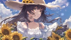 Preview wallpaper girl, sunflowers, hat, anime