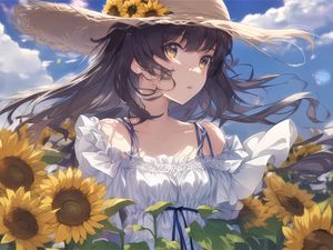 Preview wallpaper girl, sunflowers, hat, anime