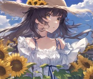 Preview wallpaper girl, sunflowers, hat, anime