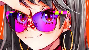 Preview wallpaper girl, sunglasses, smile, hand, anime
