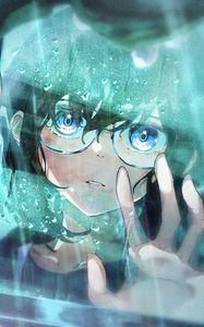 Preview wallpaper girl, sunglasses, window, drops, rain, anime